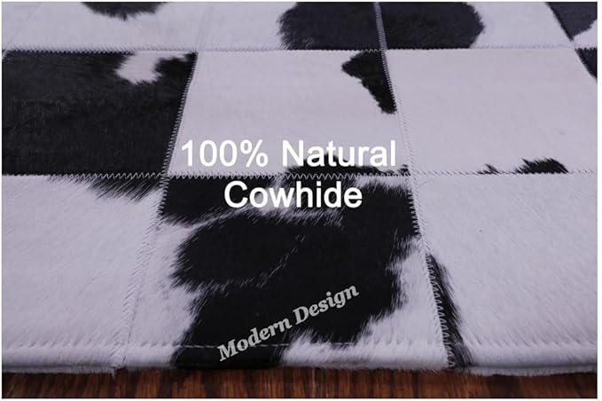 Modern Design Premium Cowhide Leather Carpet with Chevron Pattern, Area Rug (Black/White, 9'6"x14'0)