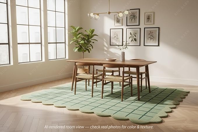 Mint Green Scalloped Edge Wool Area Rug with Checker Grid Design, Hand-Tufted Soft Carpet for Living Room, Bedroom, Nursery, Kids & Playroom Décor - 6x9 Ft