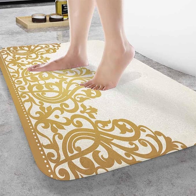 Floral Border Bath Mats for Bathroom Vintage Gold Flower Border Retro Victorian Style Pattern Floor Bath Rugs Machine Washable Bathmat Carpet Rug Room Decor for Shower Floor 20 X 31 Inch Mat