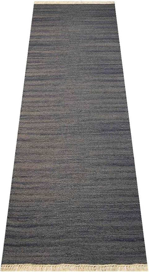 Rugsotic Carpets Hand Woven Flat Weave Kilim Wool ECO-Friendly Area Rugs - 2'6"x8', Runner Shape, Silver Color, Solid Plain Design, Low Pile Handmade Area Rugs for Living Room, Bed Room (D00111)