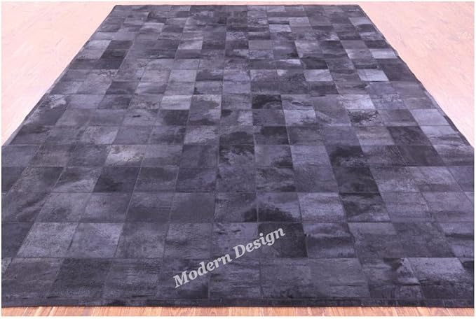 Modern Design Premium Cowhide Leather Carpet with Chevron Pattern, Area Rug (Black, 9x12)
