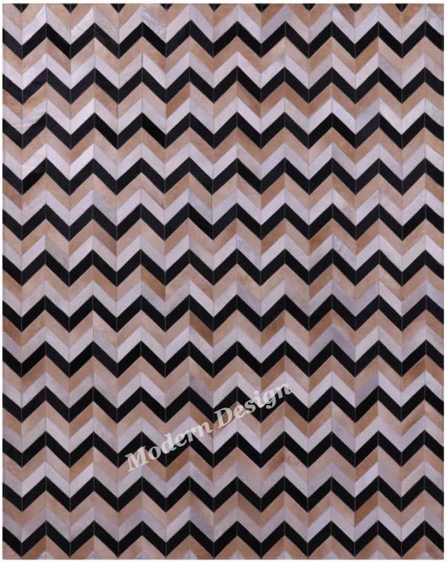 Modern Design Premium Cowhide Leather Carpet with Chevron Pattern, Area Rug (Beige/Black/Grey/Ivory, 3x12)