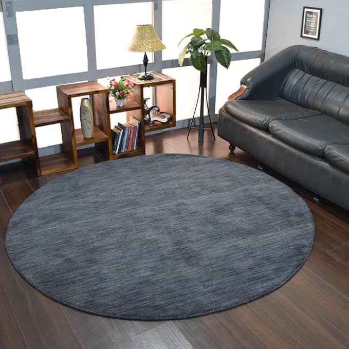 Hand Knotted Loom Wool ECO-Friendly Area Rugs - 8'x8', Round, Charcoal Color, Solid Plain Design, High Pile Thick Handmade Anti Skid Area Rugs for Living Room, Bed Room (L00111)