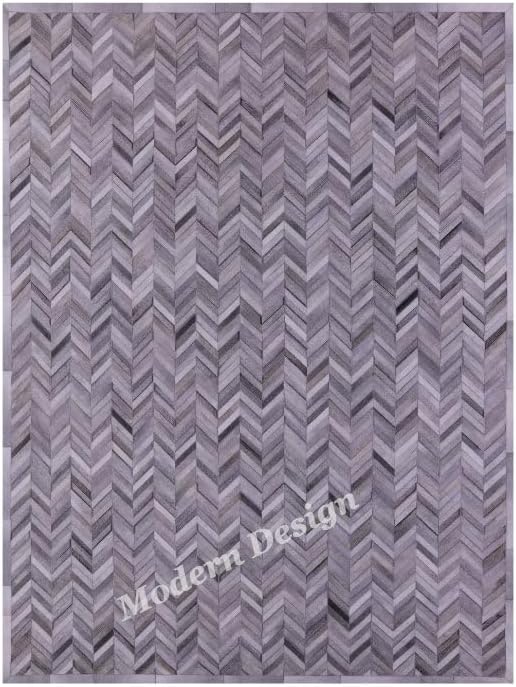 Modern Design Premium Cowhide Leather Carpet with Chevron Pattern, Area Rug (Natural Multi Grey, 9'6"x14'0)