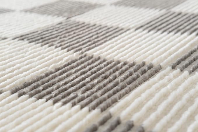 Revival Rugs Gambit 6'7"x9' Checkered Rug Washable Area Rug for Living Room Bedroom - 100% Recycled Oeko-TEX Certified, Medium Pile, Gray, Beige