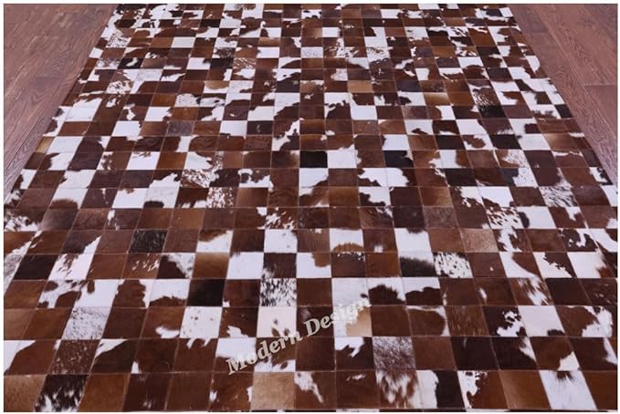 Modern Design Premium Cowhide Leather Carpet with Chevron Pattern, Area Rug (Brwon/White, 8x10)