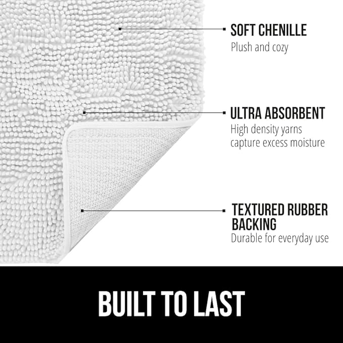 GORILLA GRIP Bath Rug Mat, Thick Soft Absorbent Chenille, Quick Dry Microfiber Mats, Rubber Backing Washable Shower Floor Rugs, US Designed Bathroom Bathmat Home Decor Accessories, 24x17, White
