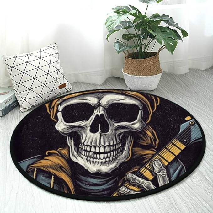 Washable Non-Slip Round Rug with Grinning Skull Electric Bass Design Perfect for Indoor & Outdoor Decor, Living Room, Bedroom, Dorm Room, and Office.