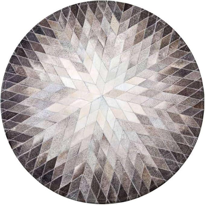 Cowhide Hairon Leather Round Rug, Geometric Patterned Circle Carpet for Living Room, Bedroom, Hall, Brown, 3×3ft