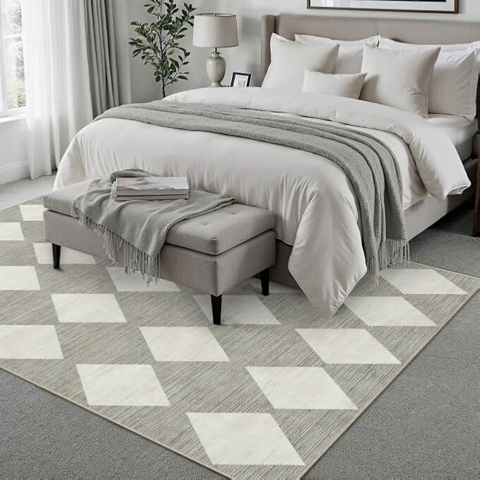 6x9 Checkered Area Rugs for Living Room Grey Machine Washable Large Rug Non-Slip Stain Resistant Low Pile Boho Accent Indoor Throw Carpet for Bedroom Dining Room Classroom