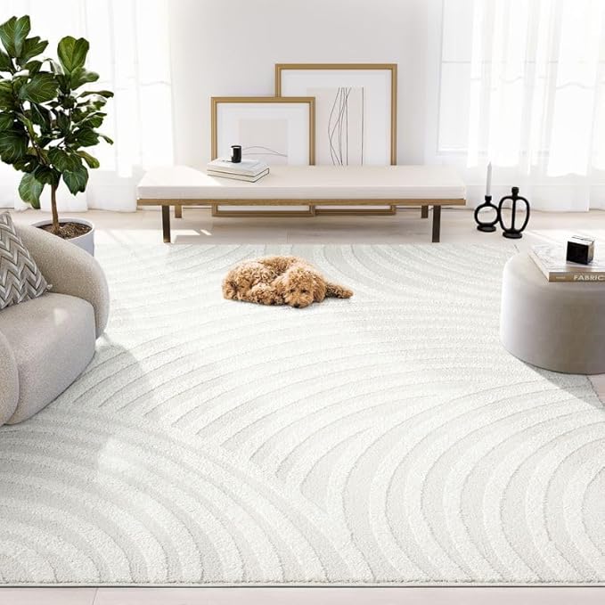 Abani Nomad Cream Tone-on-Tone Area Rug 2' x 3' for Living Room, Bedroom - Linear Curves Pattern - Durable & Easy to Clean