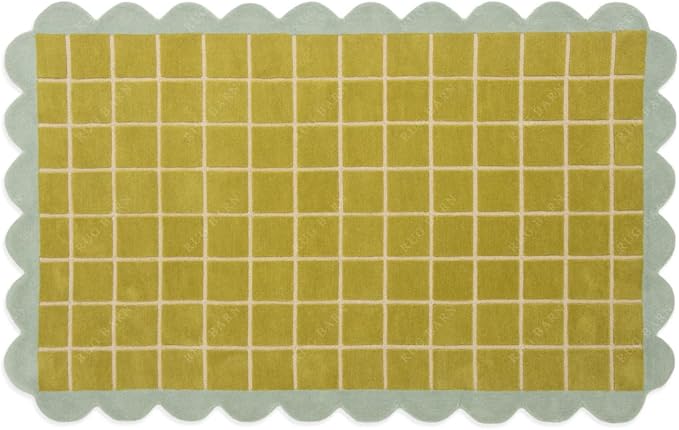 Checkered Wool Area Rug with Scalloped Border, Chartreuse Green & Cream Grid, Hand-Tufted, Soft Cut Pile, Modern Cottagecore Living Room, Bedroom & Nursery Carpet - 3x6 Ft