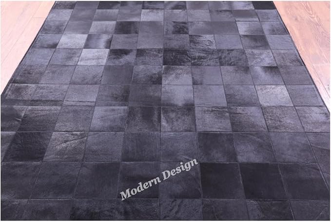 Modern Design Premium Cowhide Leather Carpet with Chevron Pattern, Area Rug (Black, 3x5)