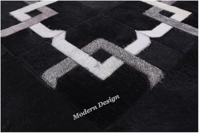 Modern Design Premium Cowhide Leather Carpet with Chevron Pattern, Area Rug (Black/Grey/White, 3x12)