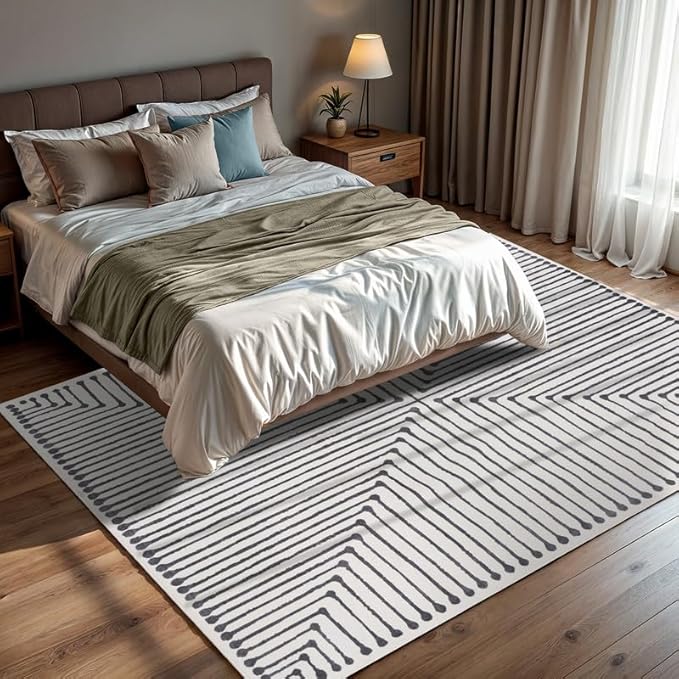 GLN Rugs Contemporary Collection - Machine Washable Area Rug, Contemporary Washable, Non Slip, Low Pile Chenille Rug, Living Room, Bedroom, Kitchen Rug (5' x 7' Black Beige)