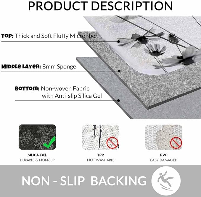Cosmos Flowers Bathroom Mat Rugs Black and White Pattern Microfiber Faux Cashmere Thick Plush Bath Mat Non-Slip Water Absorbent Bath Carpet for Bathtub Bathroom Floor Tub 16X24 Inch