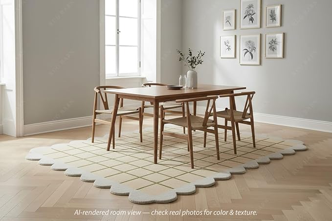 Scalloped Border Wool Area Rug with Windowpane Grid, Hand-Tufted, Beige-Blush with Sage Lines & Light Purple Edge - Soft High-Low Pile for Living Room, Bedroom, Nursery - 2.5x10 Ft (Runner)