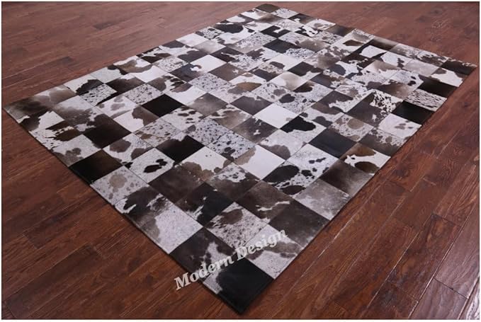 Modern Design Premium Cowhide Leather Carpet with Chevron Pattern, Area Rug (D.Brown/White, 8x10)