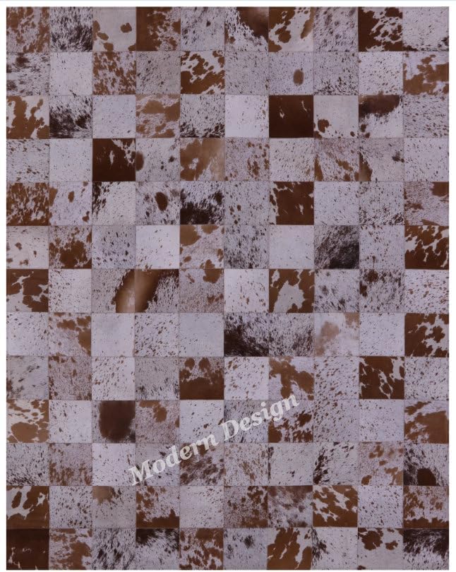 Modern Design Premium Cowhide Leather Carpet with Chevron Pattern, Area Rug (White/Brown, 5x8)