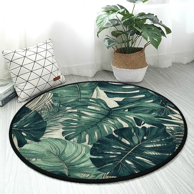 Small Round Area Rug, Washable & Non Slip Soft Rugs for Cozy Home Decor Monstera Leaves Pattern for Living Room, Bedroom, Entryway, Indoor & Outdoor Use