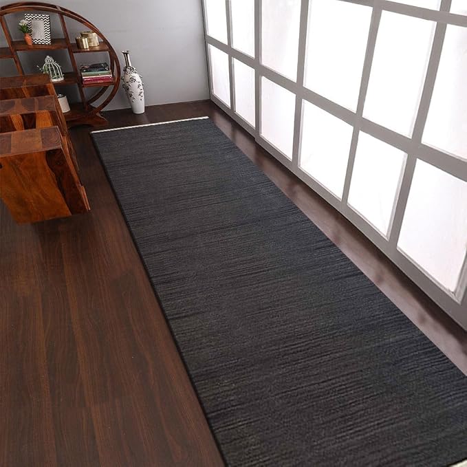 Rugsotic Carpets Hand Woven Flat Weave Kilim Wool 2'6''x6' Runner Area Rug Solid Charcoal D00111