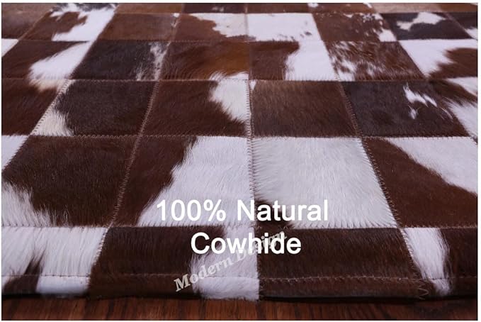 Modern Design Premium Cowhide Leather Carpet with Chevron Pattern, Area Rug (Brwon/White, 12x15)