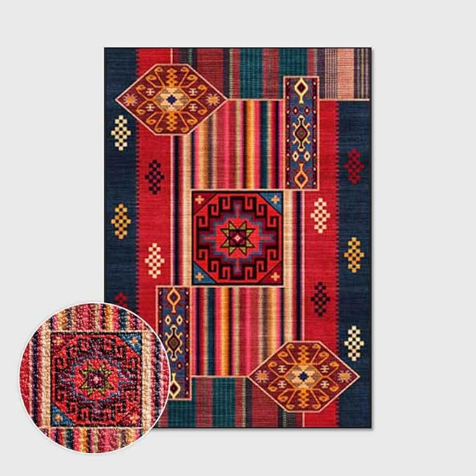 Vintage Boho Area Rugs Multicolor Ethnic Style Geometric Splicing Carpets Bedroom Living Room Kitchen Floor Mats Indoor Outdoor Non-Shedding Runner Rug Home Décor Carpet 4' X 5.2'