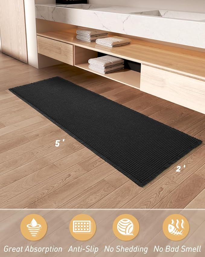 AMOAMI Upgraded Waffle Runner Rug Super Absorbent Non Slip Bath Mats for Bathroom Machine Washable Bathroom Runner Rug with Tassels, Ideal for Hallway Bedroom Laundry Room, 2'x 5'(24" x 60"), Black