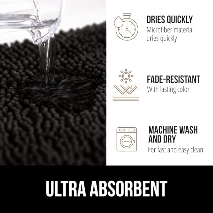 GORILLA GRIP Bath Rug Mat 30x20, Thick Soft Absorbent Chenille, Quick Dry Microfiber Mats, Rubber Backing Washable Shower Floor Rugs, US Designed Bathroom Bathmat Home Decor Accessories, Black