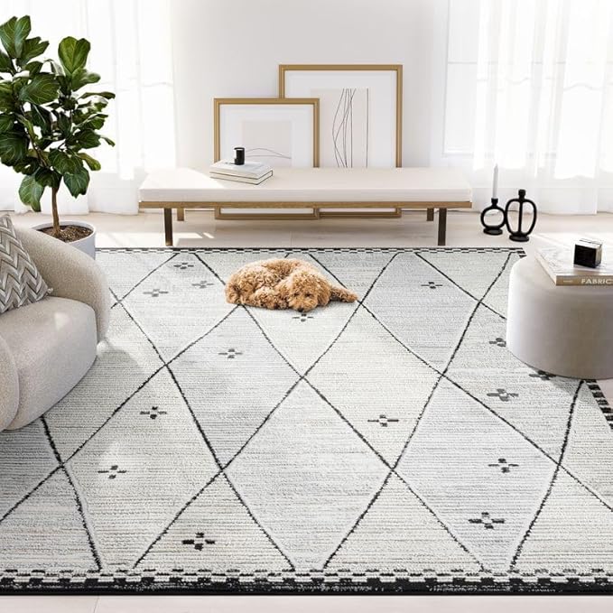Abani Viva Cream & Grey Area Rug 4' x 6' for Living Room, Bedroom - Farmhouse Diamond Pattern - Durable & Easy to Clean