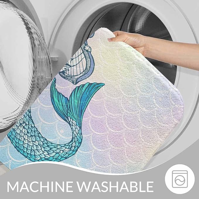 Mermaid with Harp Bath Mat for Bathroom Colorful Fantasy Scales Unicorn Pink Gradient Texture Bath Rugs Door Mat Non Slip Rubber Backed Bathroom Floor Mat for Bathtub Sink Shower 16"X24"