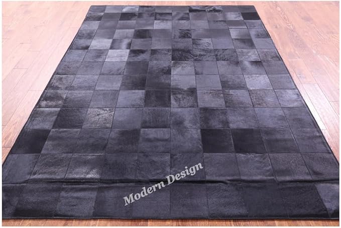 Modern Design Premium Cowhide Leather Carpet with Chevron Pattern, Area Rug (Black, 12x15)