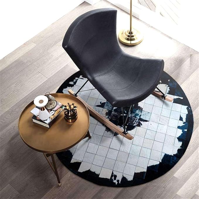 Round Cowhide Faux Leather Area Rug 9×9 ft – Black & White Modern Luxury Geometric Pattern Low Pile Carpet with Non-Slip Wool Backing, Soft Durable Living Room, Bedroom & Lounge Accent Rug