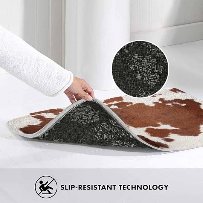 Cowhide Bathroom Mat Rugs Farm Animal Brown Cowhide Print Cow Microfiber Faux Cashmere Thick Plush Bath Mat Non-Slip Water Absorbent Bath Carpet for Bathtub Bathroom Floor Tub 16X24 Inch