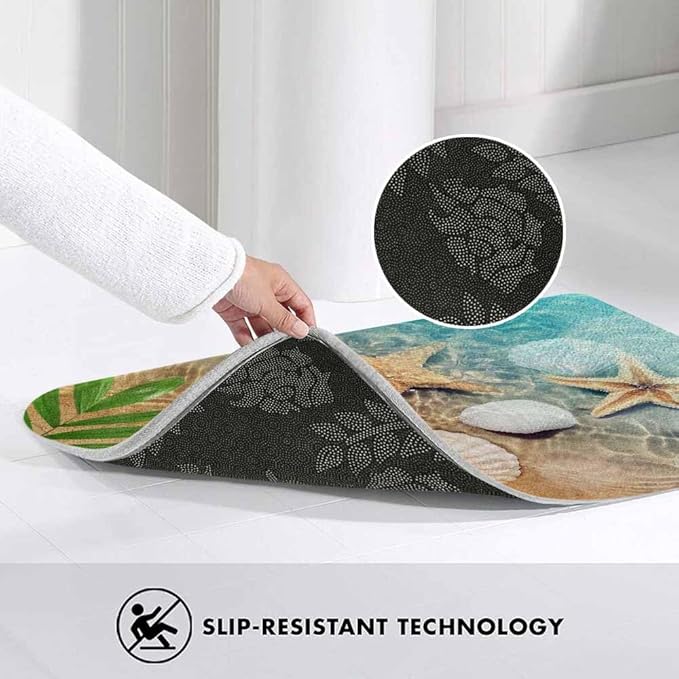Palm Starfish Seashell Bath Rugs Microfiber Bathroom Mat Soft Plush Shaggy Shower Mat for Bathroom Fluffy Comfortable Water Absorbent Carpet Non-Slip Machine Washable 16"X24"