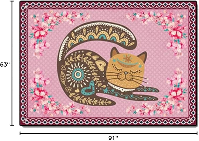 Cartoon Animal Pattern Area Rug Cute Cat Luxury Floral Decor for Carpet Farmhouse Bedroom Living Room Rugs Bathroom Kitchen Runner Mat Indoor Outdoor Non Slip Doormat 5.2' X 7.5'
