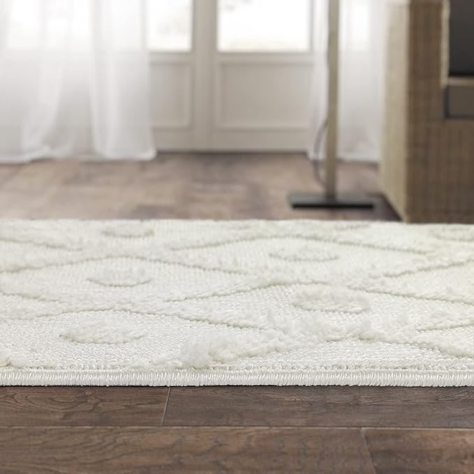 Antep Rugs Palafito 2x7 Geometric Shag Diamond High-Low Pile Textured Indoor Runner Rug (White, 2' x 7')