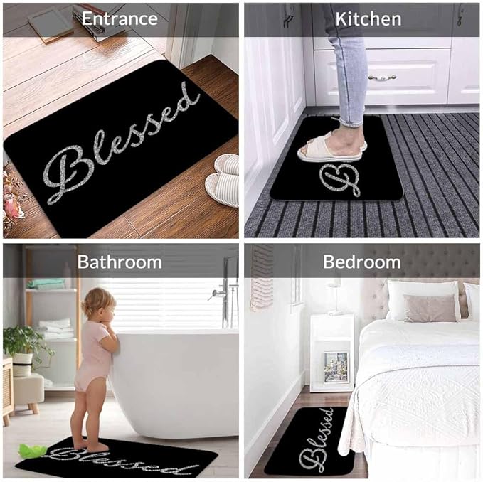 Black Glitter Blessed Bath Mat for Bathroom Bible Verse Blessed Bath Rugs Door Mat Non Slip Rubber Backed Bathroom Floor Mat for Bathtub Sink Shower 16"X24"