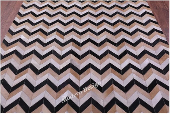 Modern Design Premium Cowhide Leather Carpet with Chevron Pattern, Area Rug (Beige/Black/Grey/Ivory, 4x6)
