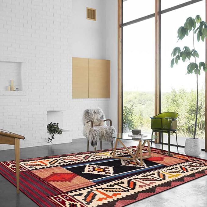 Vintage Boho Area Rugs Multicolor Ethnic Style Geometric Splicing Carpets Bedroom Living Room Kitchen Floor Mats Indoor Outdoor Non-Shedding Runner Rug Home Décor Carpet 5.2' X 7.5'