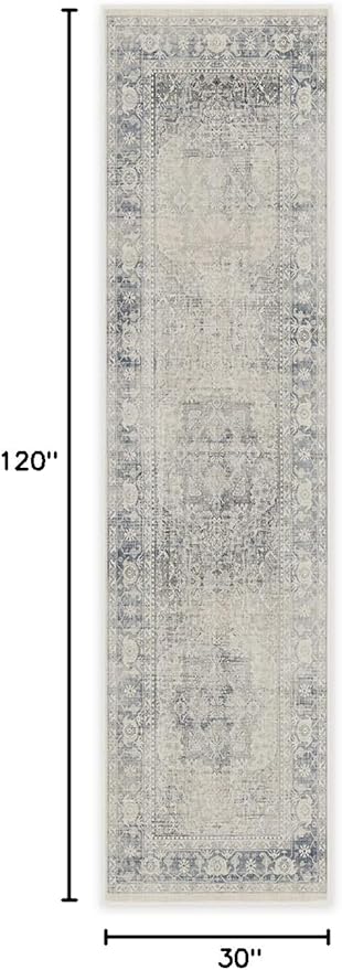 RUGGABLE Washable Vintage Runner Rug – Kamran Blue Quartz 2.5x10, Stain-Resistant, Non-Slip Hallway Runner – Machine Washable Rug for Hallway, Entryway, Living Room & Kitchen–with Standard Pad
