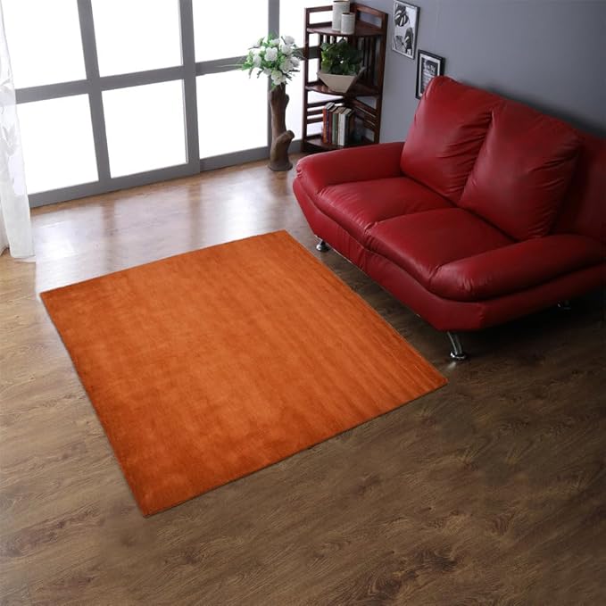 Hand Knotted Loom Wool ECO-Friendly Area Rugs - 8'x8', Square, Orange Color, Solid Plain Design, High Pile Thick Handmade Anti Skid Area Rugs for Living Room, Bed Room (L00111)