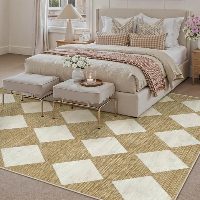 5x7 Checkered Area Rugs for Living Room Brown Machine Washable Large Rug Non-Slip Stain Resistant Low Pile Boho Accent Indoor Throw Carpet for Office Bedroom Dining Room Classroom