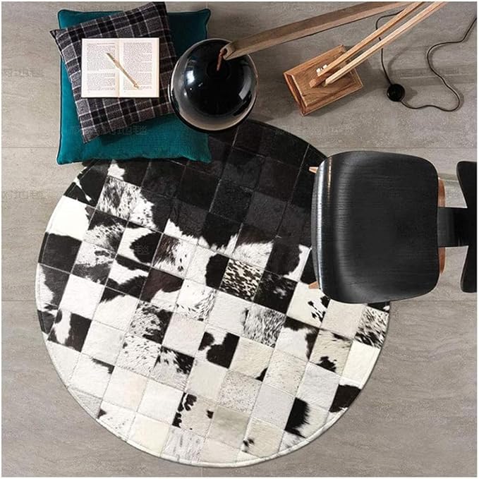 Cowhide Round Leather Rug 6x6 ft – Genuine Hair-On Hide Patchwork Area Rug for Living Room, Bedroom, Kids Playroom, Lounge & Western Home Decor