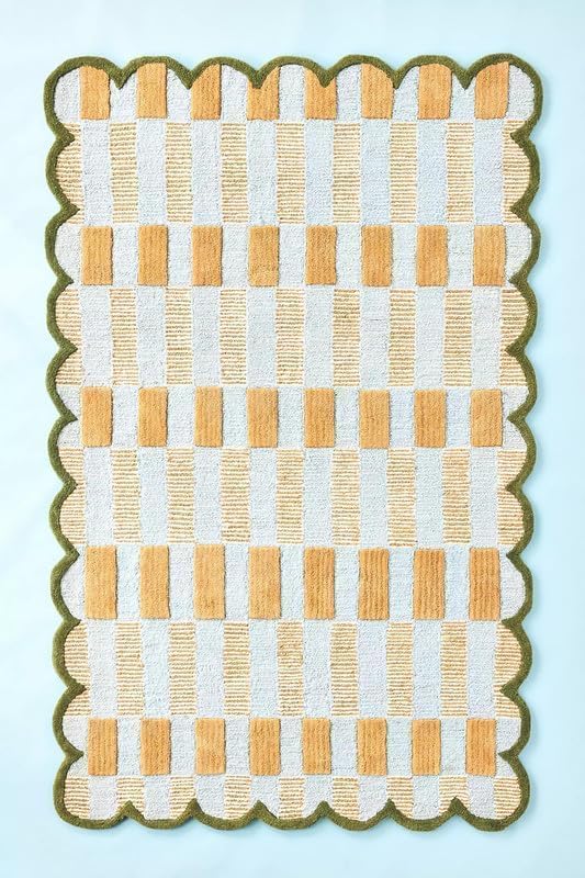 Handmade Scalloped Wool Area Rug - Modern Geometric Pattern, Green-Beige Stripes, Checkered Chevron Design - Soft, Durable Thick Carpet for Living Room, Bedroom (Gold, 8' x 10')