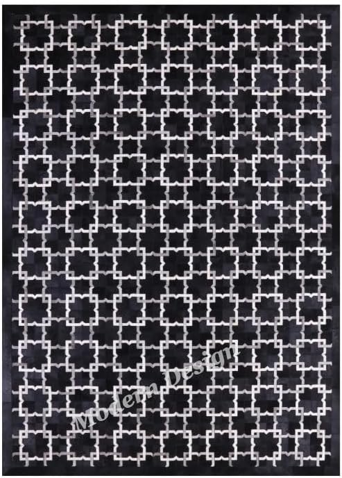 Modern Design Premium Cowhide Leather Carpet with Chevron Pattern, Area Rug (Black/Grey/White, 8x10)