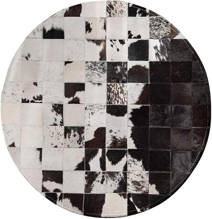 Cowhide Round Leather Rug 8x8 ft – Genuine Hair-On Hide Patchwork Area Rug for Living Room, Bedroom, Kids Playroom, Lounge & Western Home Decor