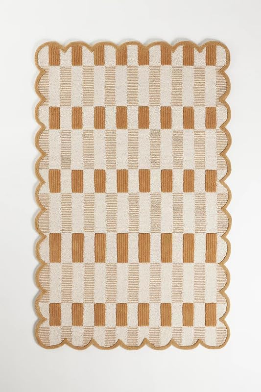 Handmade Scalloped Wool Area Rug - Modern Geometric Pattern, Green-Beige Stripes, Checkered Chevron Design - Soft, Durable Thick Carpet for Living Room, Bedroom (Neutral Beige, 9' x 12')