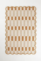 Handmade Scalloped Wool Area Rug - Modern Geometric Pattern, Green-Beige Stripes, Checkered Chevron Design - Soft, Durable Thick Carpet for Living Room, Bedroom (Neutral Beige, 6' x 9')