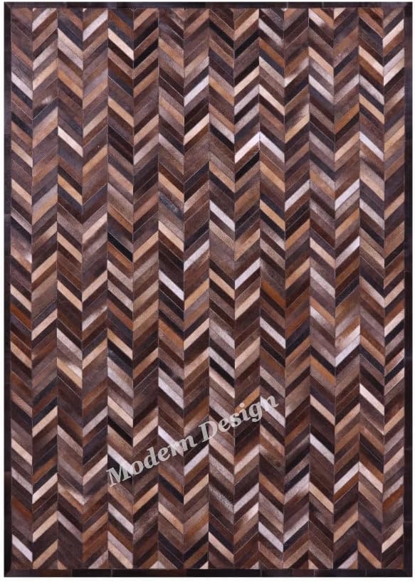 Modern Design Premium Cowhide Leather Carpet with Chevron Pattern, Area Rug (Natural Multi Brown, 3x5)